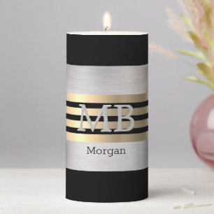 Monogram & Name Gold & Black Stripes Silver Black Pillar Candle