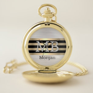 Monogram & Name, Gold/Blk Stripes, Brushed Silver Pocket Watch