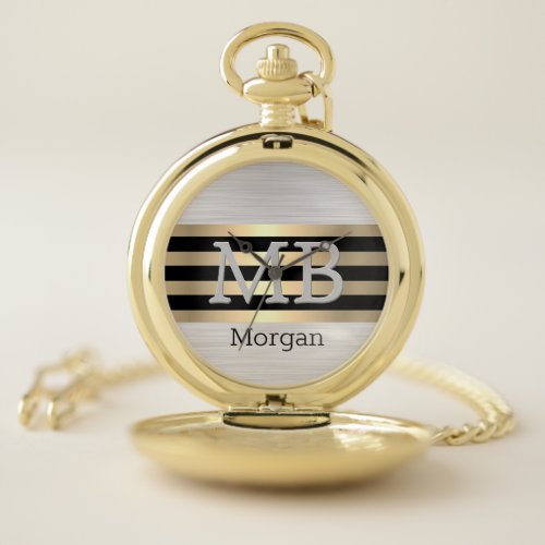 Monogram  Name GoldBlk Stripes Brushed Silver Pocket Watch