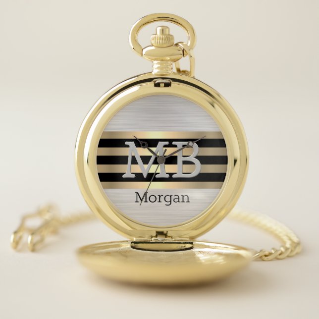 Monogram & Name, Gold/Blk Stripes, Brushed Silver Pocket Watch (Inside)