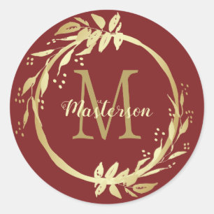 Monogram Name Gold Burgundy Christmas Wreath Classic Round Sticker