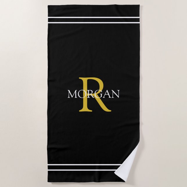 Monogram/Name Gold/Wht Text Wht Stripes, Black Beach Towel (Front)