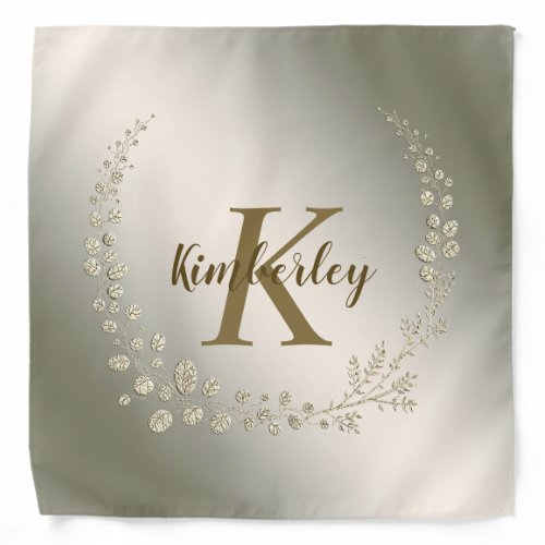 Monogram Name Golden Floral Leaves Wreath Elegant Bandana