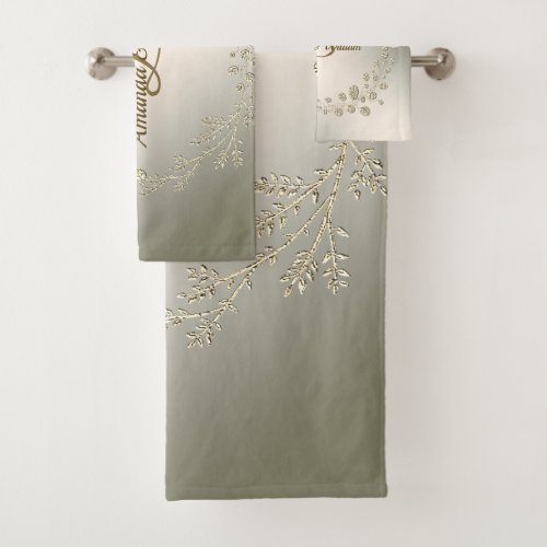 Monogram Name Golden Floral Leaves Wreath Elegant Bath Towel Set