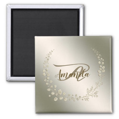 Monogram Name Golden Floral Leaves Wreath Elegant Magnet