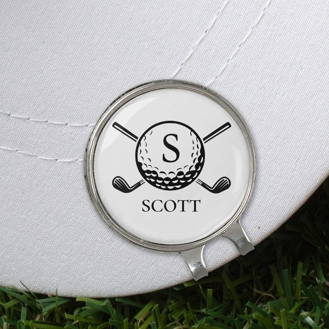 Monogram Name Golf Clubs Classic Black White  Hat Clip (Creator Uploaded)