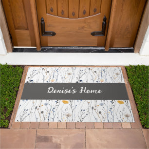 Monogram Name Gray Blue Watercolor Wildflower Doormat