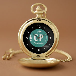 Monogram name green and white with arrow and dots pocket watch