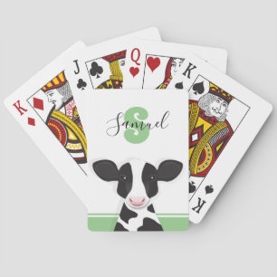 Monogram Name Green Black White Animal Cow Poker Cards