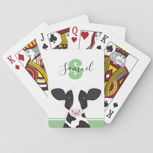 Monogram Name Green Black White Animal Cow Poker Cards
