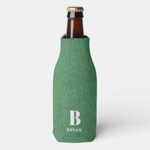 Monogram Name Green Denim Print 12oz Bottle Cooler