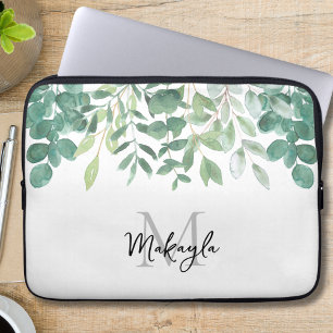 Monogram Name Green Foliage Laptop Sleeve