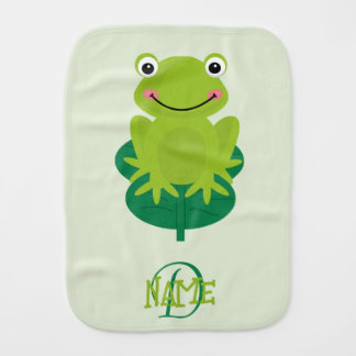 Monogram Name Green Frog Cute Happy Baby Burp Cloth