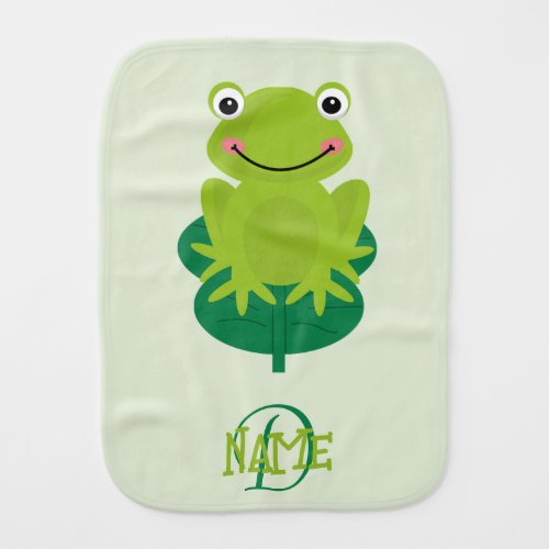 Monogram Name Green Frog Cute Happy Baby Burp Cloth