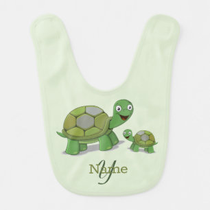 Monogram Name Green Happy Turtle Baby Bib