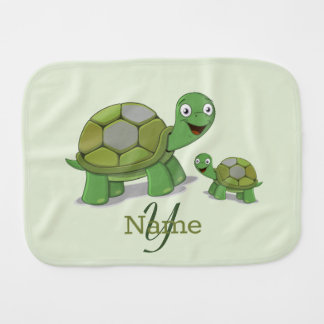 Monogram Name Green Happy Turtle Baby Burp Cloth