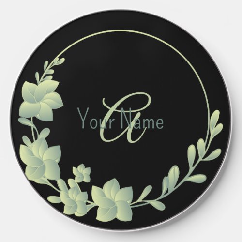 Monogram Name Green Leaves Frame Black Elegant Wireless Charger