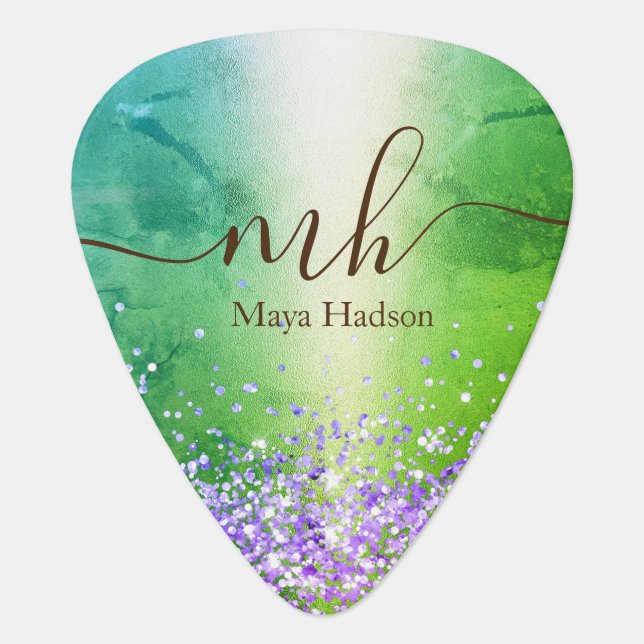 Monogram Name Green Metallic Glitter  Guitar Pick (Front)