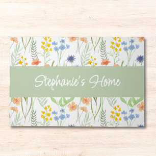 Monogram Name Green Orange Watercolor Wildflower Doormat
