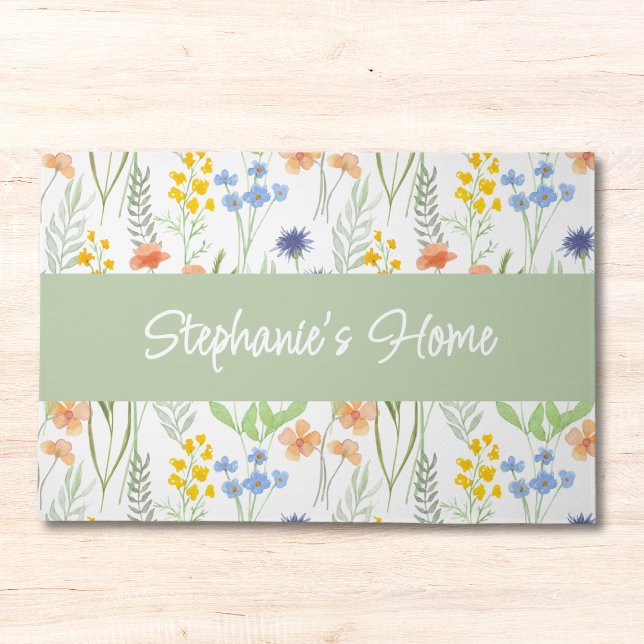 Monogram Name Green Orange Watercolor Wildflower Doormat (Creator Uploaded)