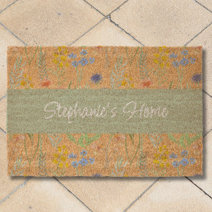Monogram Name Green Orange Watercolor Wildflower Fiber Doormat