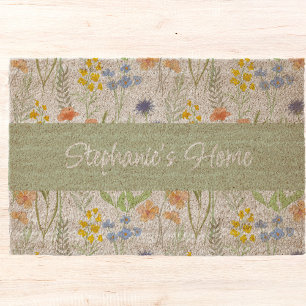 Monogram Name Green Orange Watercolor Wildflower Fiber Doormat