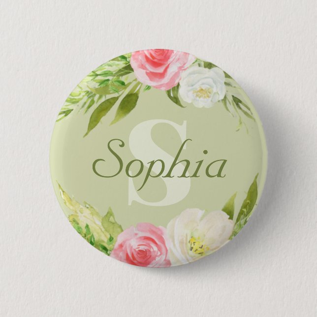 Monogram Name Green Pink Watercolor Floral Button (Front)
