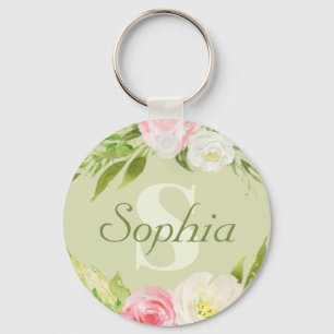 Monogram Name Green Pink Watercolor Floral Keychain