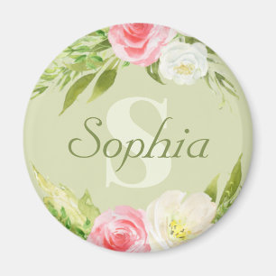 Monogram Name Green Pink Watercolor Floral Magnet