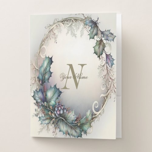 Monogram Name Green Purple Leaves Rustic Elegant Pocket Folder