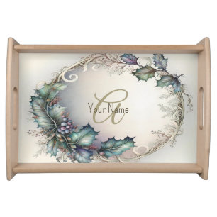 Monogram Name Green Purple Leaves Rustic Elegant Serving Tray