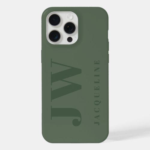 Monogram Name Green Stylish Modern Minimalist iPhone 15 Pro Max Case