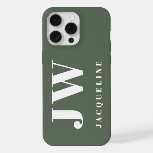 Monogram Name Green White Modern Minimalist iPhone 15 Pro Max Case