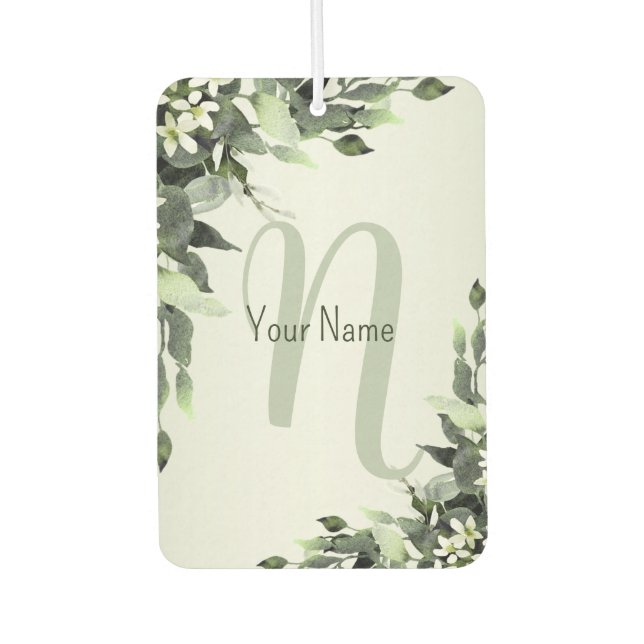 Monogram Name Greenery Floral Eucalyptus Leaves Air Freshener (Front)