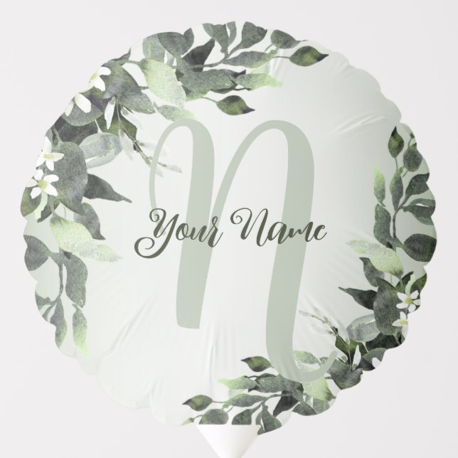 Monogram Name Greenery Floral Eucalyptus Leaves Balloon (Front)