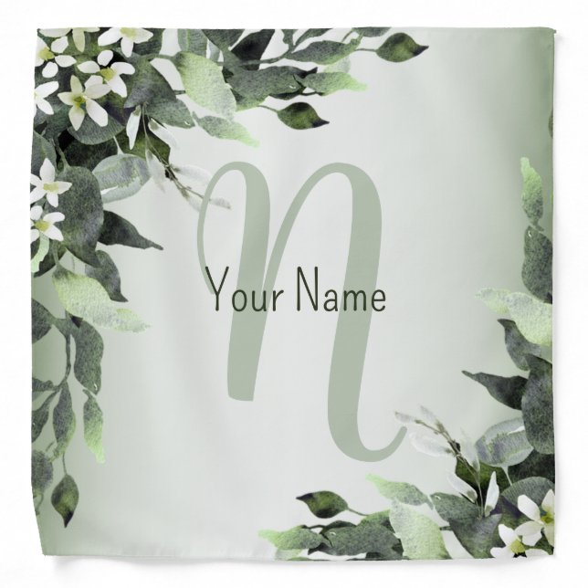 Monogram Name Greenery Floral Eucalyptus Leaves Bandana (Front)