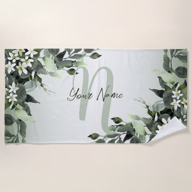 Monogram Name Greenery Floral Eucalyptus Leaves Beach Towel (Front)