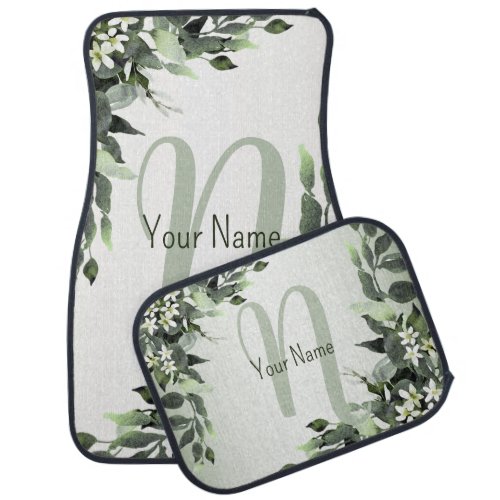 Monogram Name Greenery Floral Eucalyptus Leaves Car Floor Mat