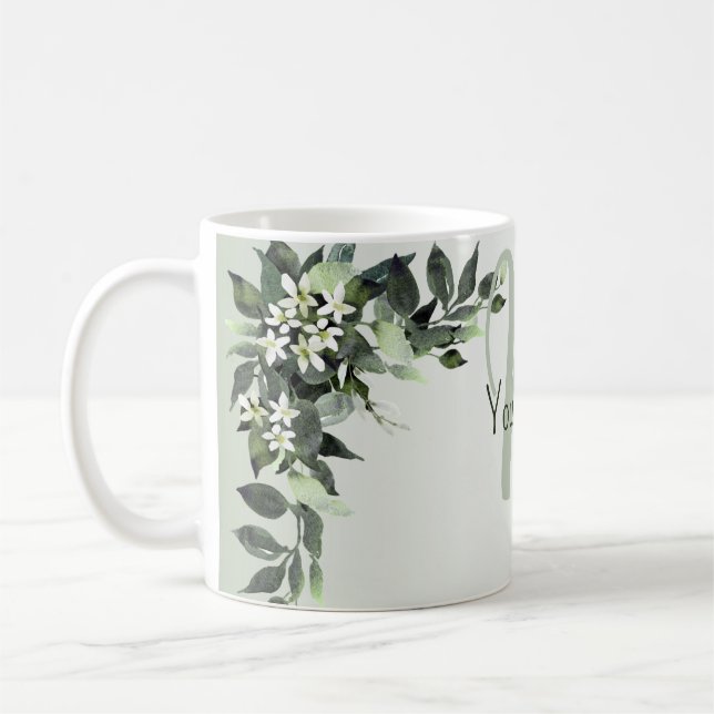 Monogram Name Greenery Floral Eucalyptus Leaves Coffee Mug (Left)