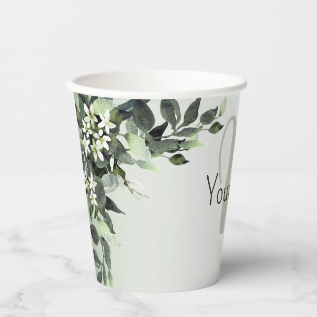 Monogram Name Greenery Floral Eucalyptus Leaves Paper Cups (Front)