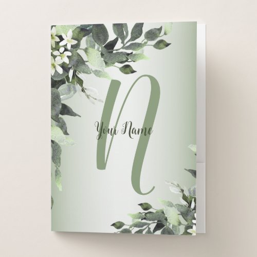 Monogram Name Greenery Floral Eucalyptus Leaves Pocket Folder