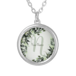 Monogram Name Greenery Floral Eucalyptus Leaves Silver Plated Necklace