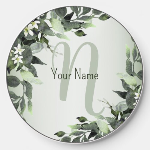 Monogram Name Greenery Floral Eucalyptus Leaves Wireless Charger