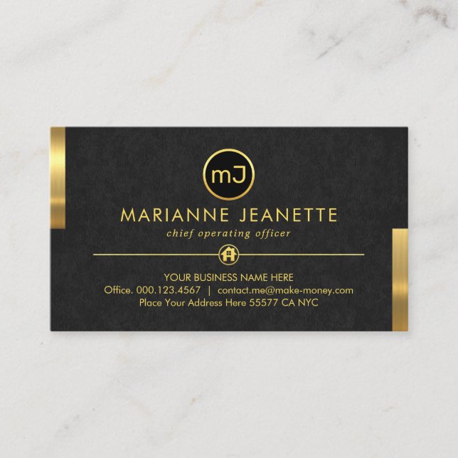 Monogram Name Grey Grunge Gold Tabs Business Card (Front)