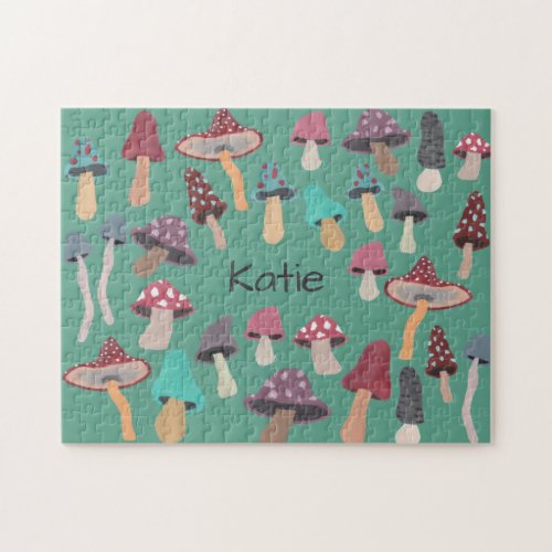 Monogram Name Hand Painted Cute Mushroom Fungi Jigsaw Puzzle