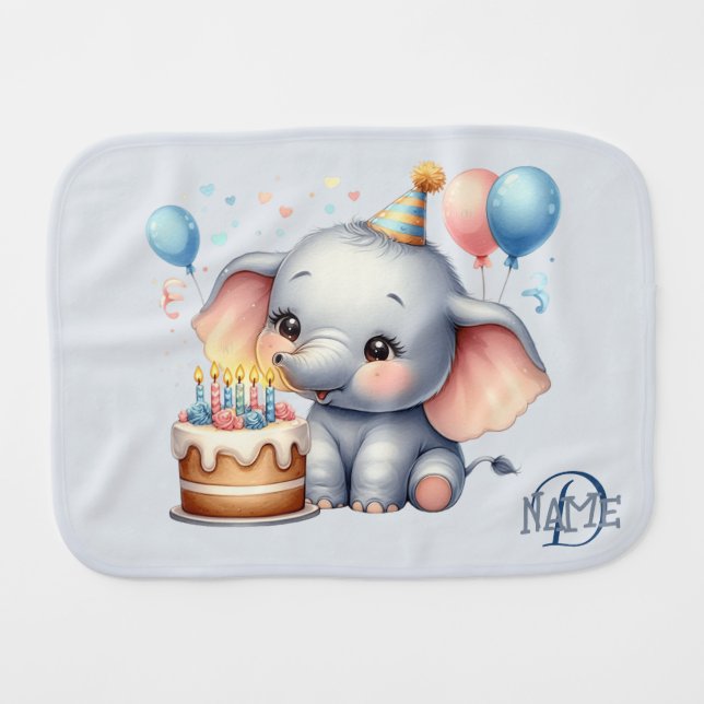 Monogram Name Happy Birthday Blue Elephant Baby Burp Cloth (Front Horizontal)