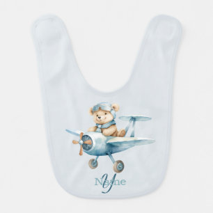 Monogram Name Happy Blue Bear Pilot Baby Bib