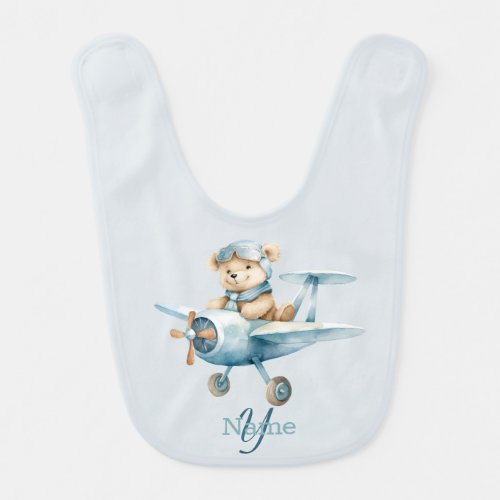 Monogram Name Happy Blue Bear Pilot Baby Bib