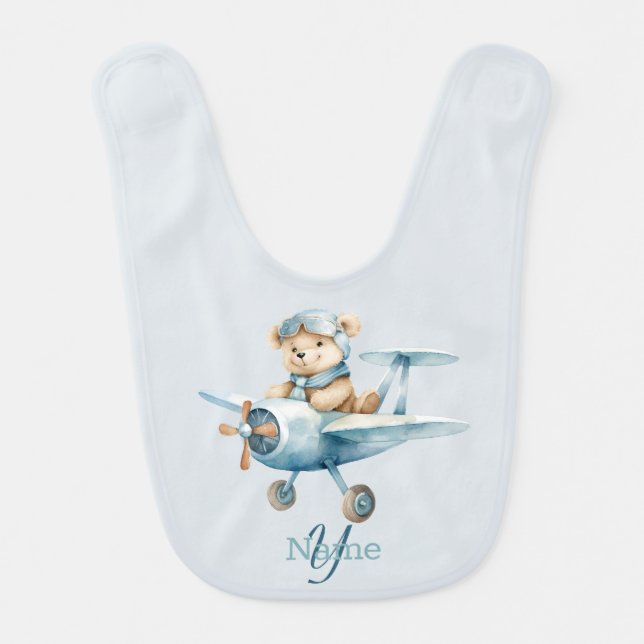 Monogram Name Happy Blue Bear Pilot Baby Bib (Front)