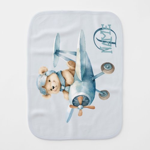Monogram Name Happy Blue Bear Pilot  Baby Burp Cloth